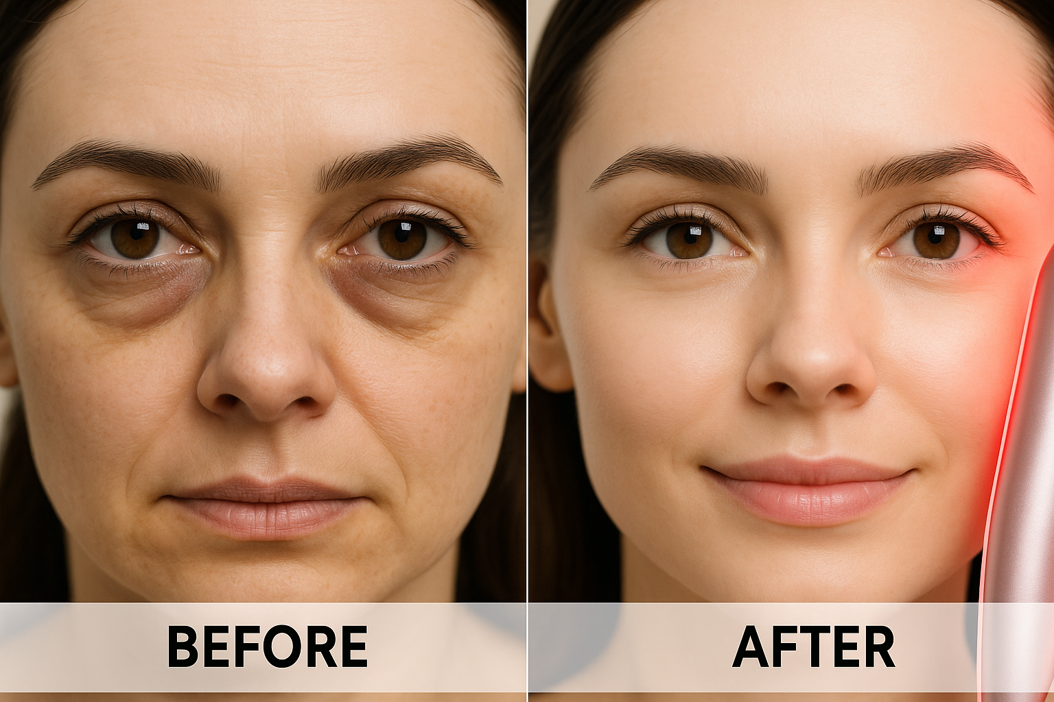 Red light therapy helps reduce under-eye bags and dark circles by improving circulation and boosting collagen.