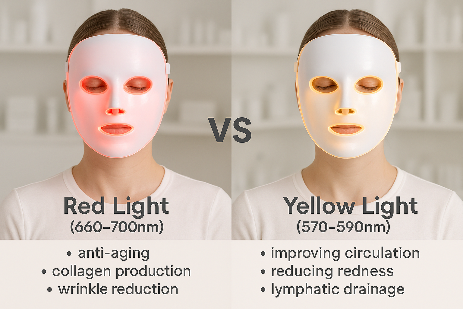 Red light for wrinkles and anti-aging, yellow light for glow and skin brightening.