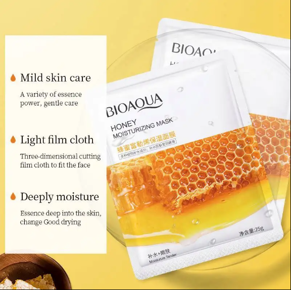 Bioaqua honey sheet mask for deep moisturizing and skin nourishment, enhancing hydration and natural glow.