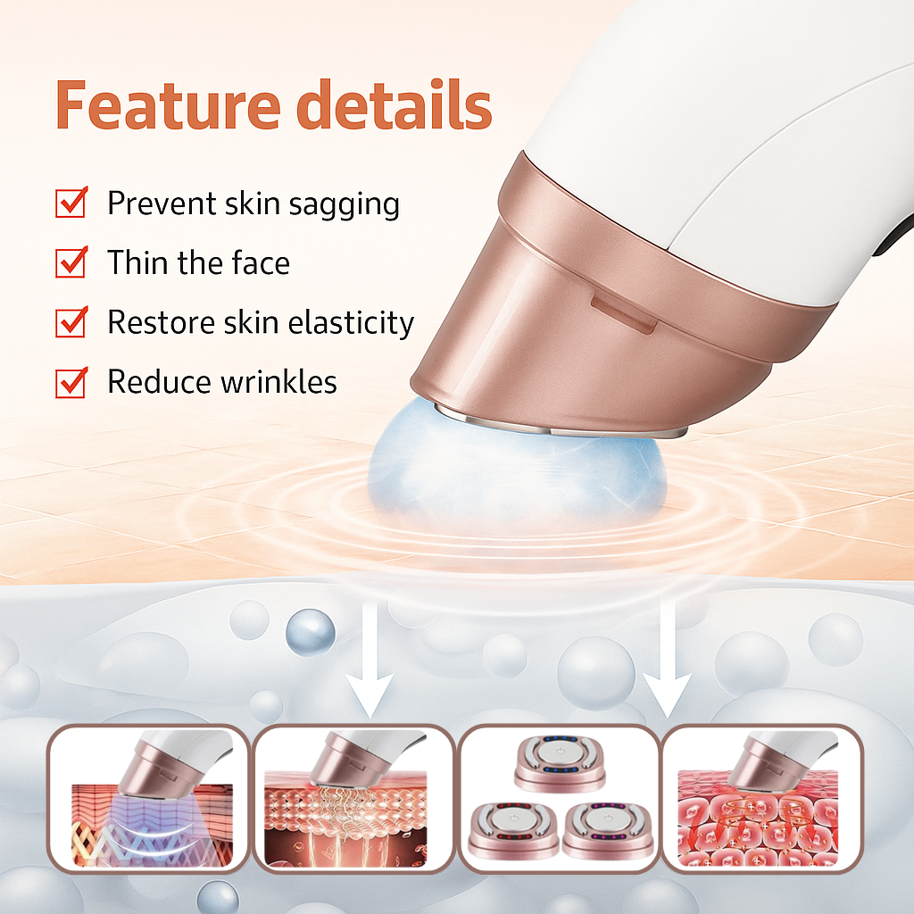 Detailed features of a HIFU anti‑aging device, highlighting advanced technology for deep skin tightening, wrinkle reduction, and enhanced skin rejuvenation.