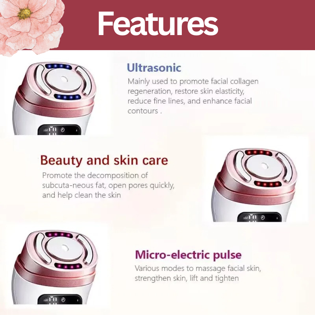 Key features of a HIFU anti‑aging device, including skin tightening, wrinkle reduction, and advanced non‑invasive technology for youthful skin.