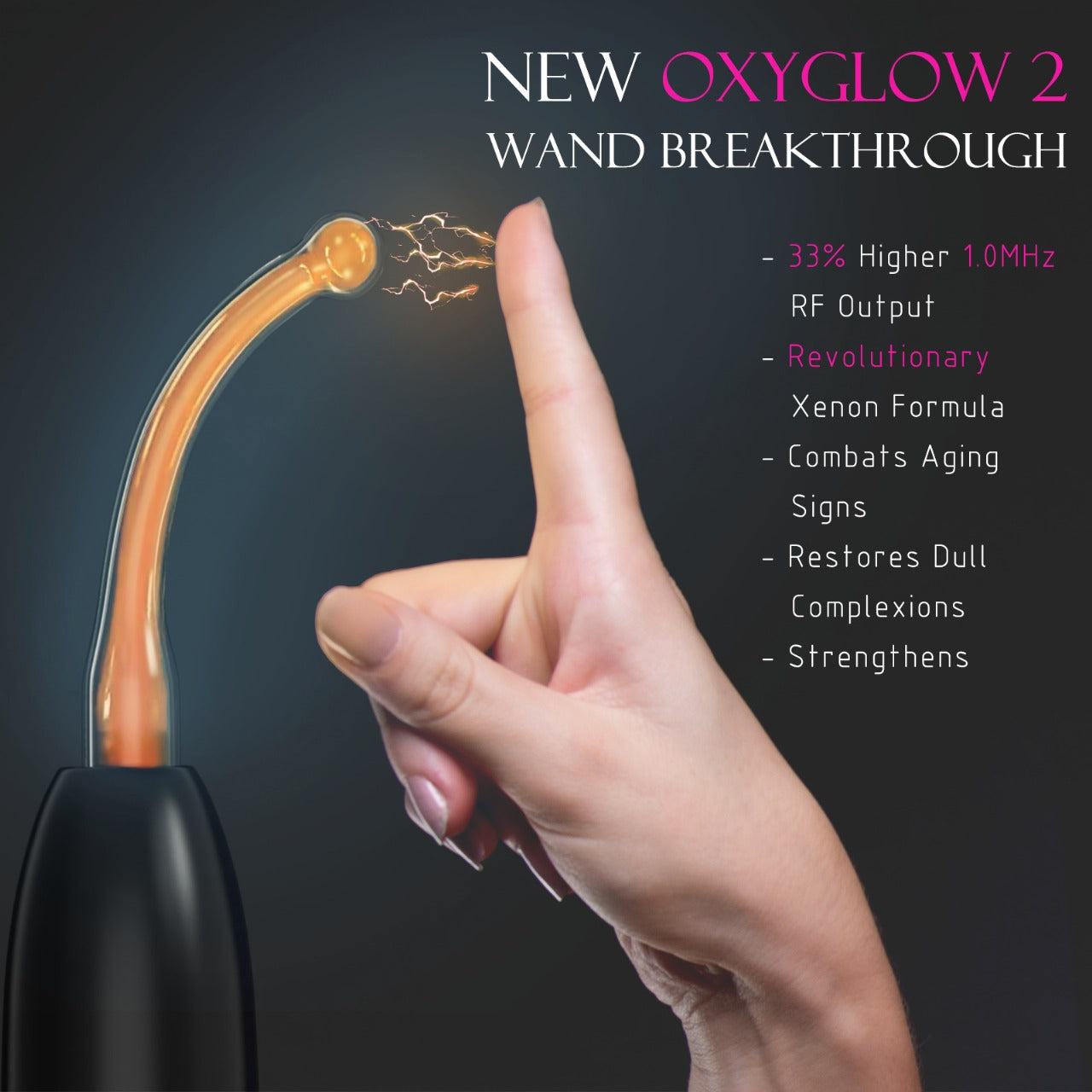 High frequency OxyGlow light therapy designed to enhance skin oxygenation, improve circulation, and promote a glowing, rejuvenated complexion.