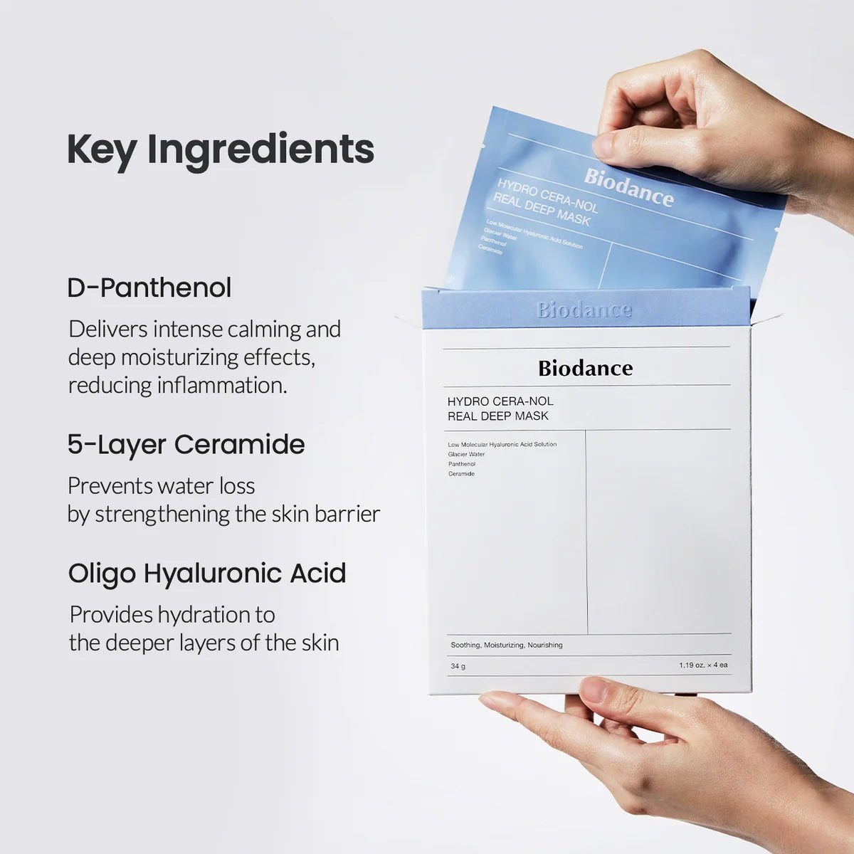 Key ingredients in Biodence sheet mask include hyaluronic acid, aloe vera, and vitamin C, providing intense hydration, soothing effects, and skin brightening benefits.