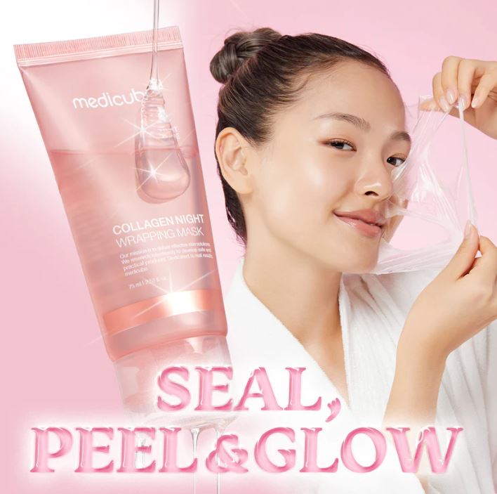 Person wearing Medicube skincare product at night to hydrate, soothe, and repair skin while sleeping.