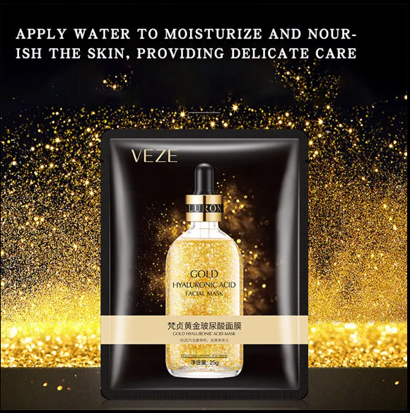 Veze 24K gold mask for deep skin hydration, brightening, and rejuvenation, revealing a glowing complexion.