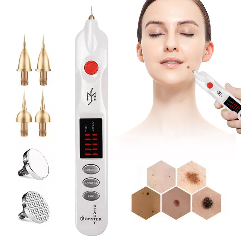 Mole point pen kit on model’s face with multiple attachments: treats moles, spots, freckles, and improves skin smoothness