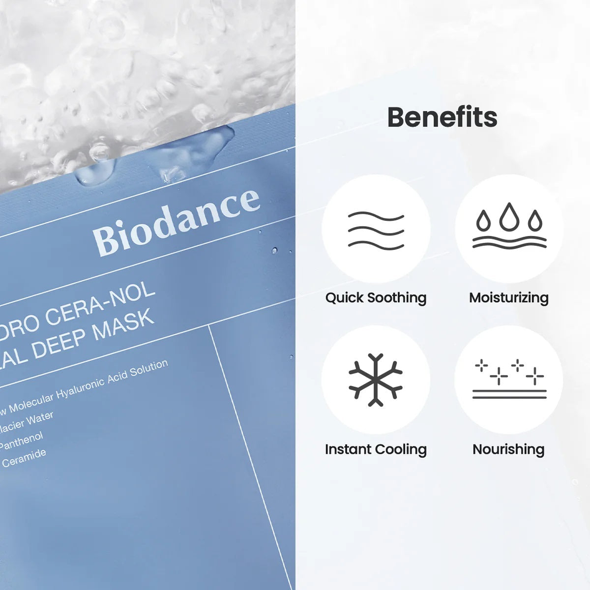Biodence sheet mask providing deep hydration, soothing irritated skin, and promoting a smooth, radiant complexion with its nourishing ingredients.