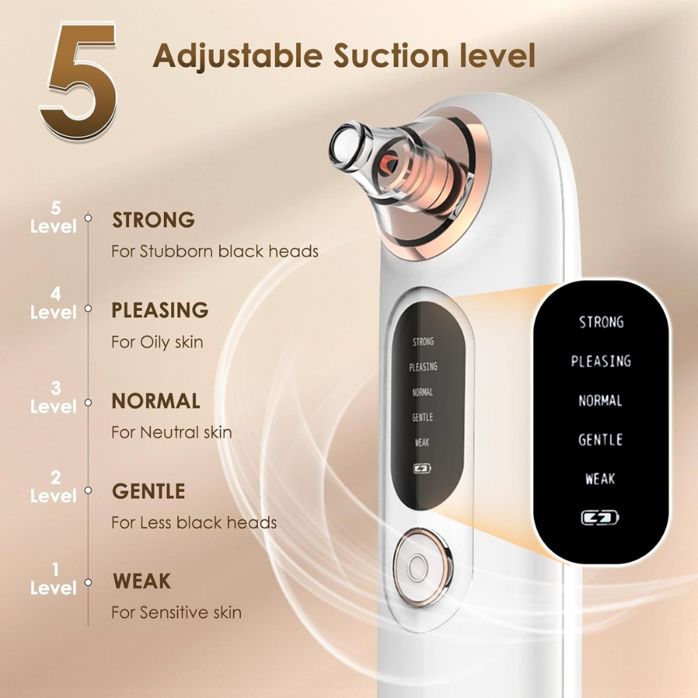 Blackhead removal device with 5 adjustable suction levels: weak to strong for sensitive, neutral, oily skin and stubborn blackheads