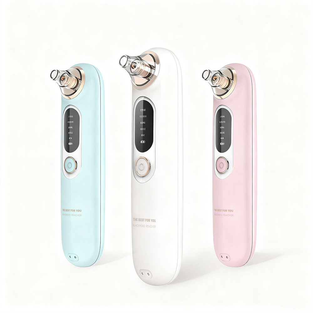 Blackhead removal devices in blue, white, and pink: portable, USB rechargeable, smooths skin and cleans pores