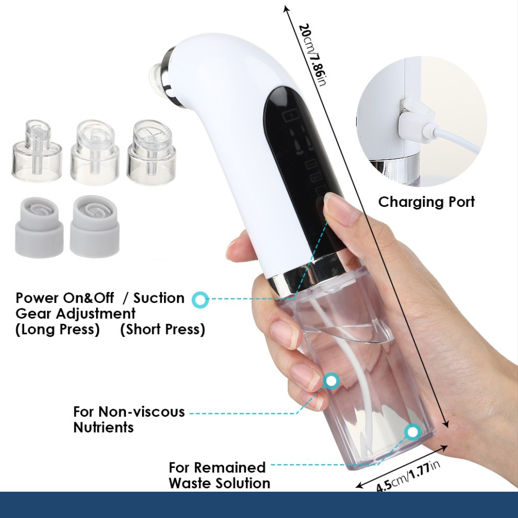 Premium blackhead remover with water tank, showing quality design and instructions for use and charging to keep pores clean and clear.
