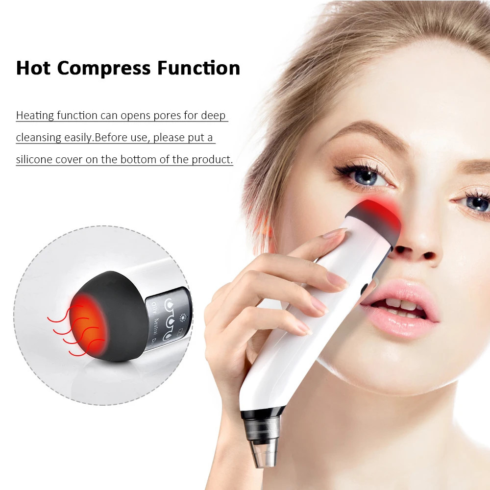 Blackhead removal device with hot compress: opens pores, deep cleans, improves skin smoothness, shown on model’s face