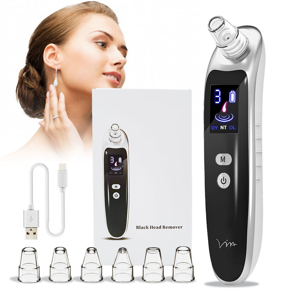 Blackhead removal device kit with six suction heads and USB cable: used on face to remove blackheads and improve skin smoothness