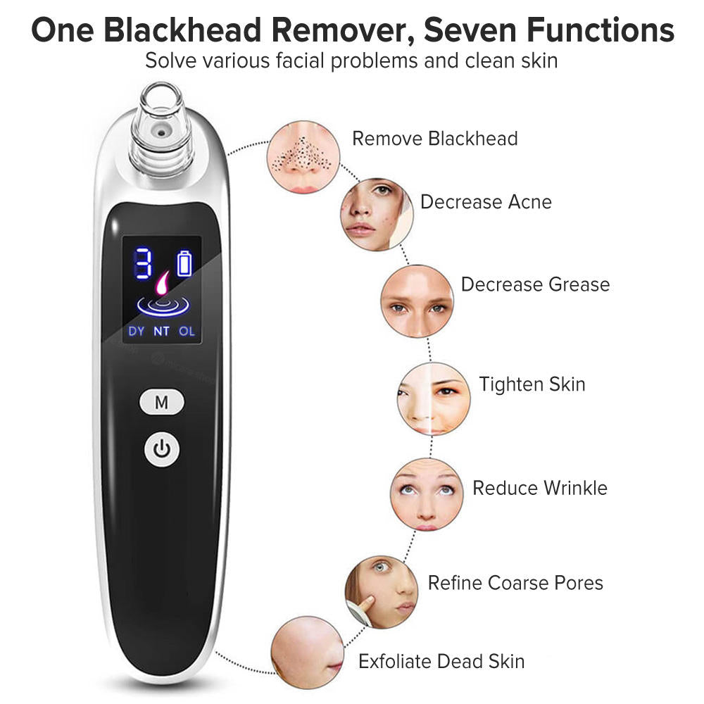 Blackhead remover device with seven functions: removes blackheads, decreases acne and grease, tightens skin, reduces wrinkles, refines pores, exfoliates dead skin