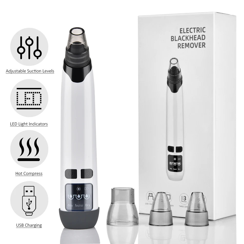 Electric blackhead remover with adjustable suction, LED indicators, hot compress, USB charging, and multiple suction heads
