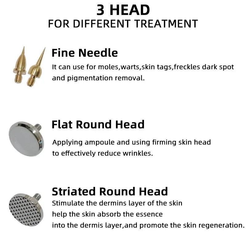 Mole point pen with 3 heads: fine needle for moles and dark spots, flat round head for wrinkles, striated round head for absorption and skin regeneration