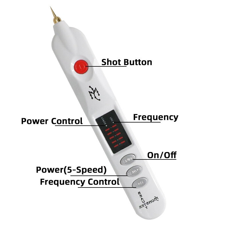 Mole point pen with labeled controls: shot button, power control, frequency control, 5-speed settings, and on/off switch