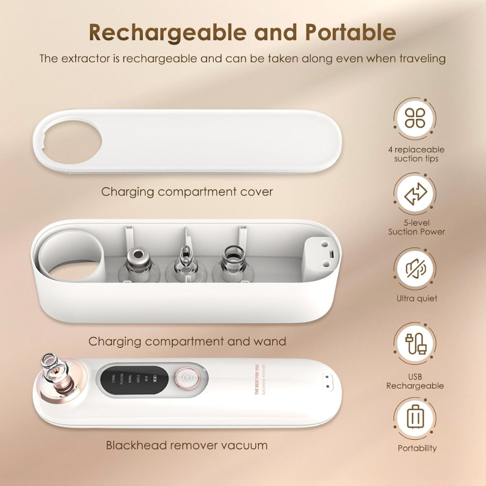 Portable and rechargeable blackhead remover kit: includes charging compartment, four suction tips, adjustable power, and USB charging