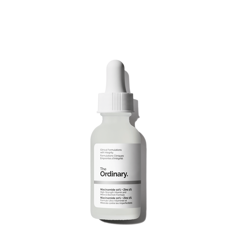 The Ordinary brand serum: Niacinamide 10% + Zinc 1% in dropper bottle for oil control, blemish reduction, and skin clarity