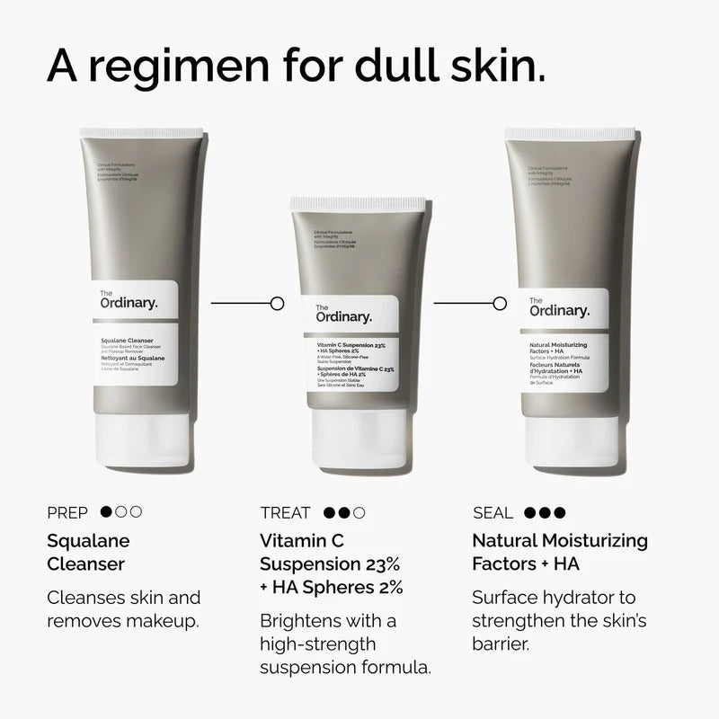 Skincare regimen for dull skin: Squalane Cleanser, Vitamin C Suspension 23% + HA Spheres 2%, Natural Moisturizing Factors + HA